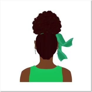 High Afro Puff Ponytail with Green Outfit (White Background) Posters and Art